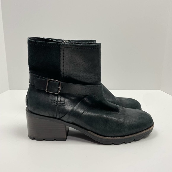 Sorel | Cate Buckle Black Leather Waterproof Block Heel Ankle Boots Booties - Picture 6 of 11